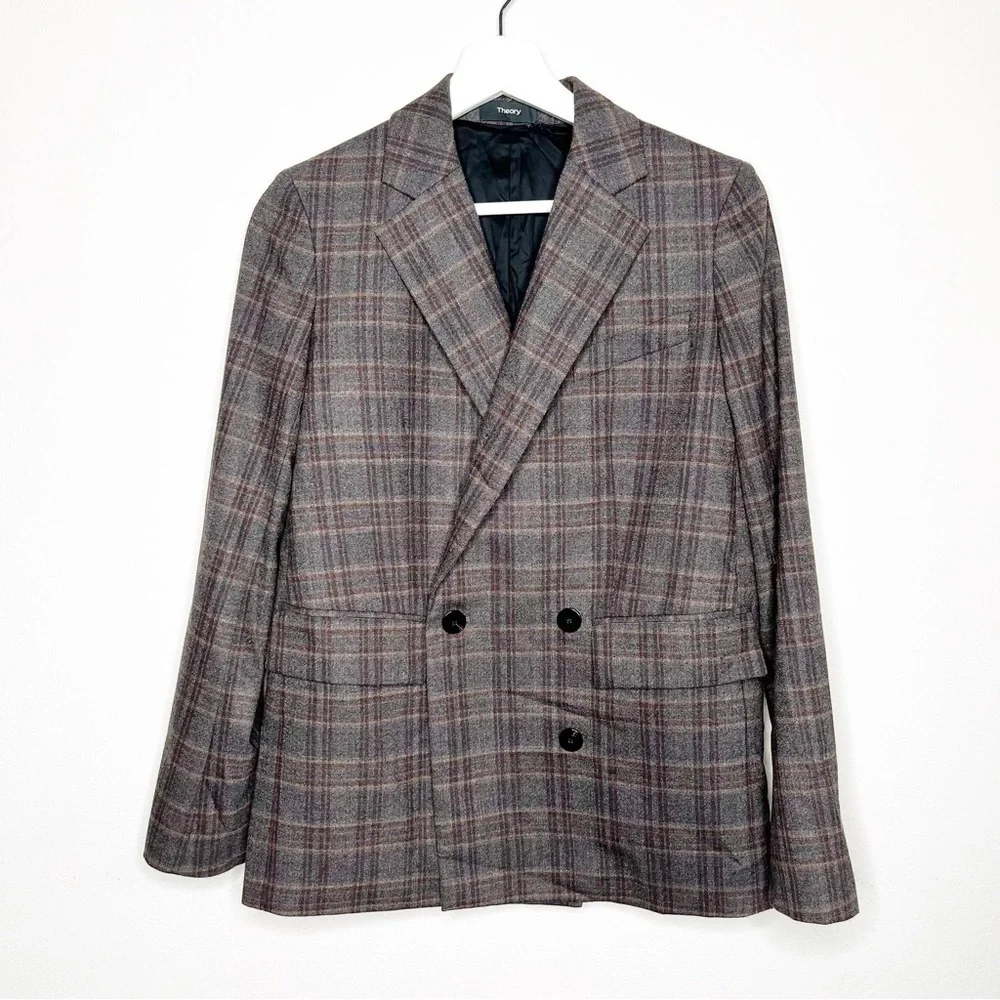 NWT Theory Piazza Plaid Double Breasted Blazer Jacket Multi Griffin Virgin Wool